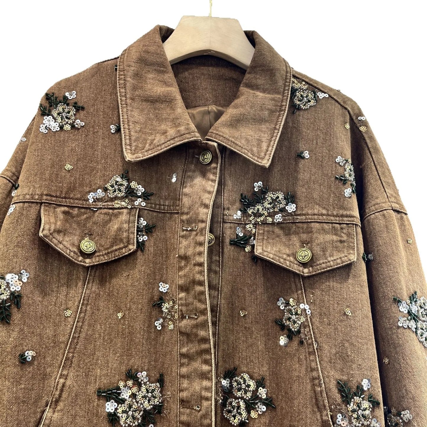 Distressed Denim Jacket With Rhinestone Embellishments For Women