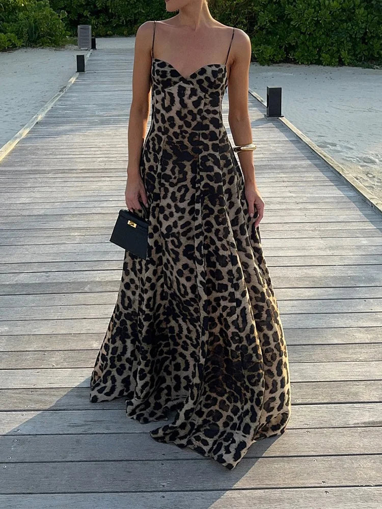 Summer Women Leopard Patchwork Chic Party Dress, Casual Sleeveless Simple Fashion Maxi Dress, 2025 Backless Elegant Ladies Dress