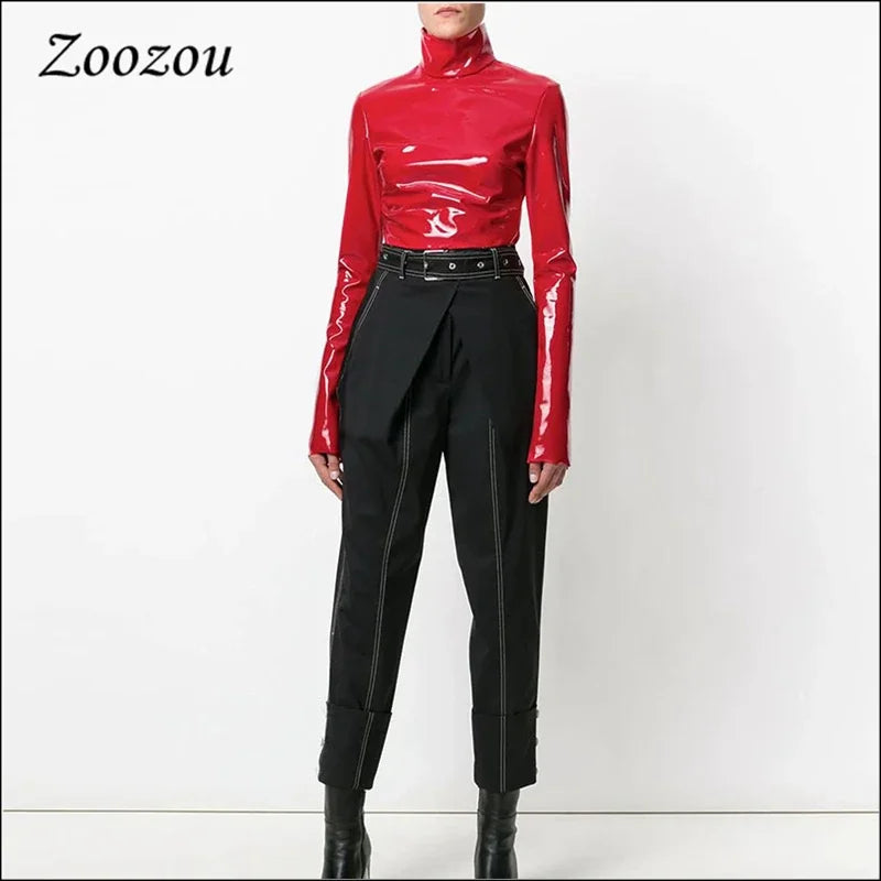 Faux Patent Leather Turtleneck Top