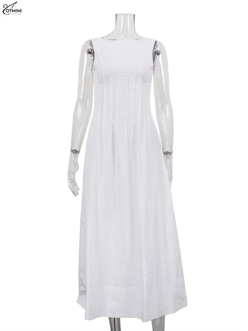 Oymimi Casual White Cotton Womens Dresses Fashion O-Neck Sleeveless Solid Dresses Elegant Open Back Ankle-Length Dress Female