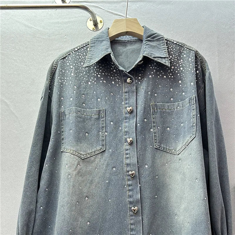 ANJY Autumn New Women Ins Shirt Studded Diamonds Distressed Denim Coat Pockets Single Breasted Elegant Vintage Casual Tops A9973