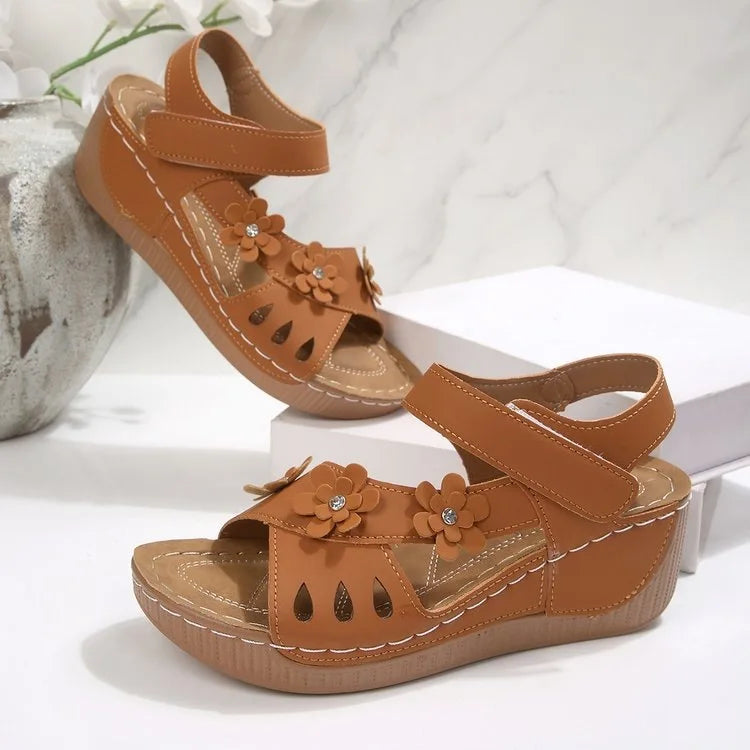 Modern Floral Buckle Wedge Sandals