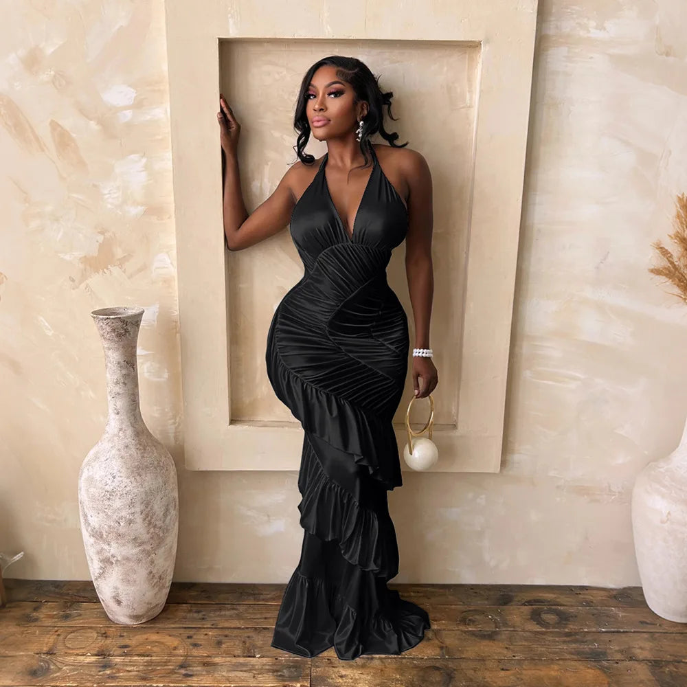 Halter Neck Ruched Satin Mermaid Evening Dress for Women