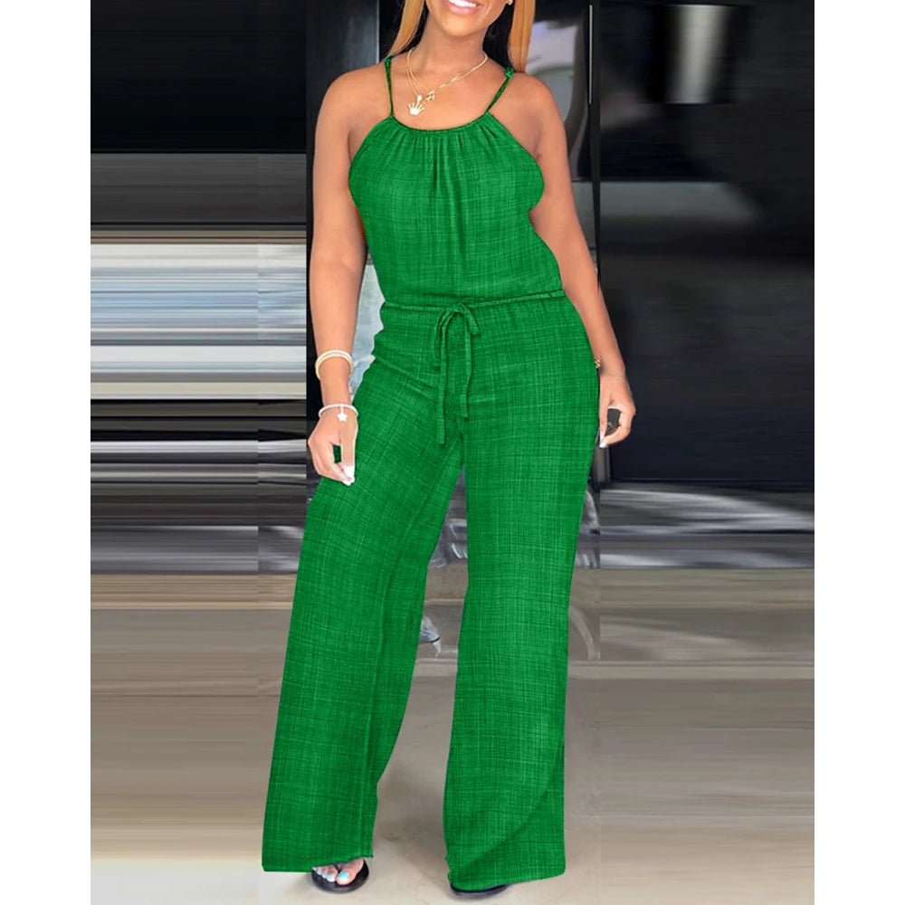 Women Solid Color Round Neck Wide Leg Straight Overalls Summer Spaghetti Strap Drawstring Waist Casual Black Jumpsuits