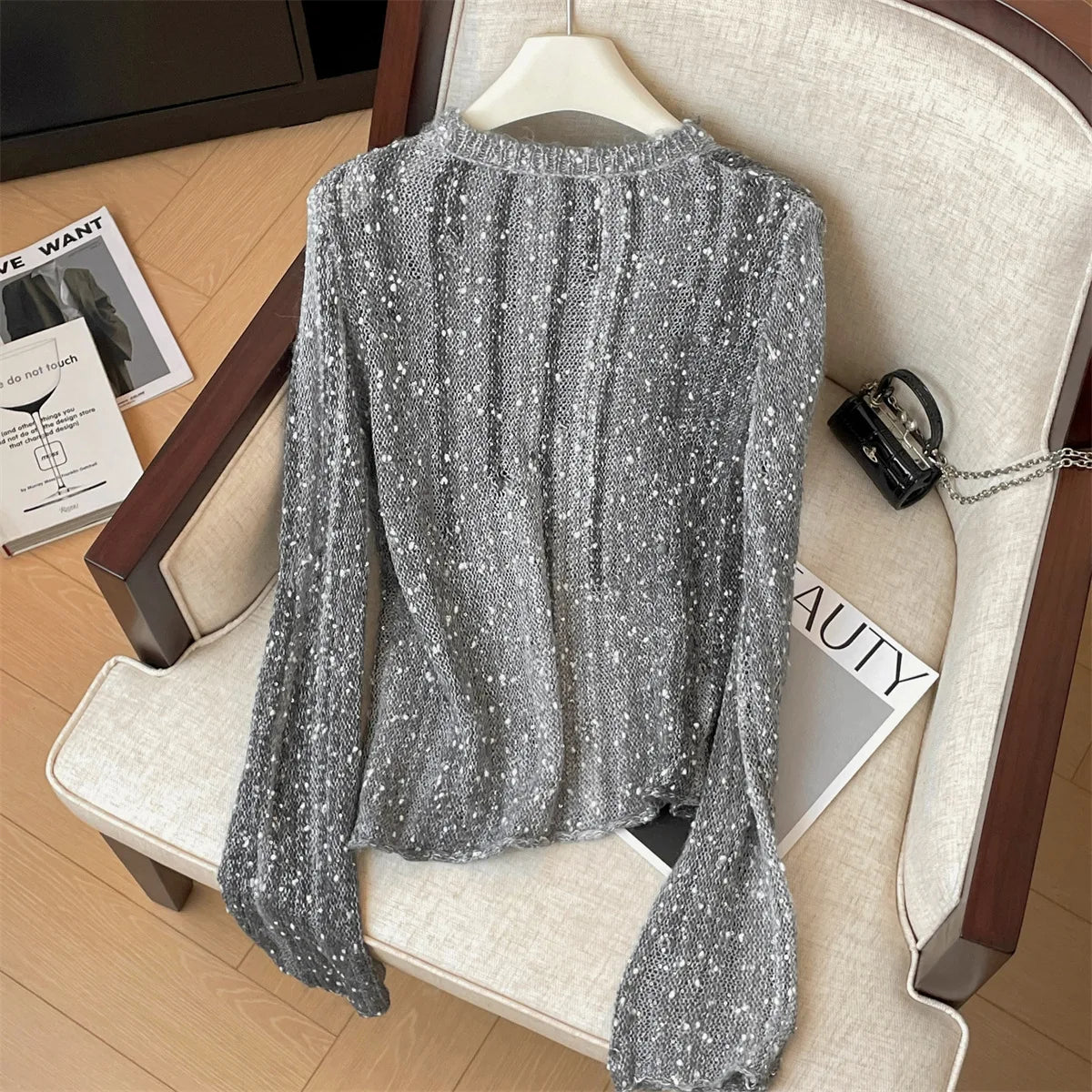 Sequin Round Neck Long Sleeve Knit Sweater for Women
