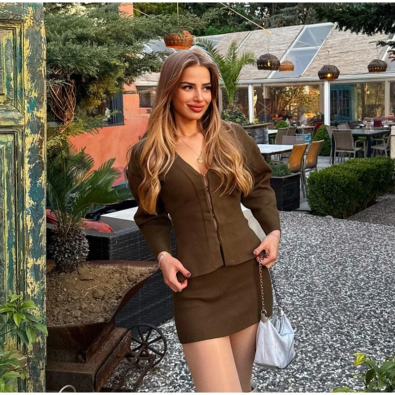 Elegant Knit Two Piece Set With Front Cutout and V Neck For Women