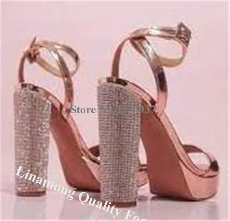 Luxury Rose Gold Rhinestone Platform Sandals for Women