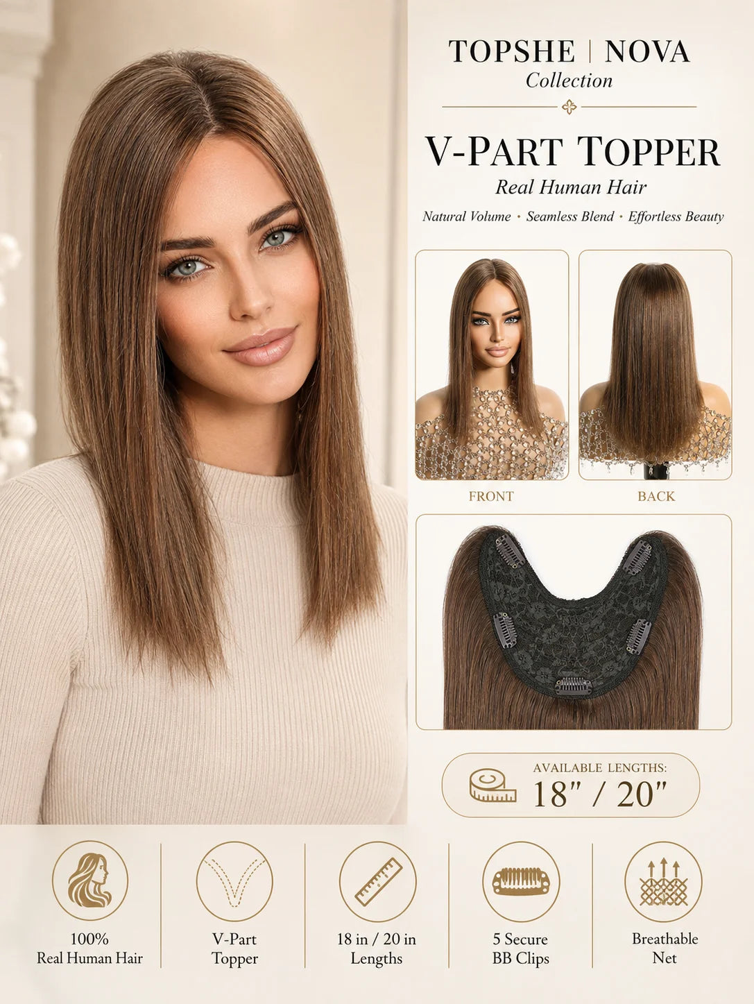 Natural Brown Straight V Part Human Hair Blend Topper for Women