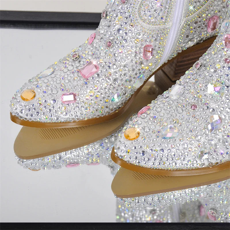 Rhinestone Knee High Cowgirl Boots With Chunky Heels for Women