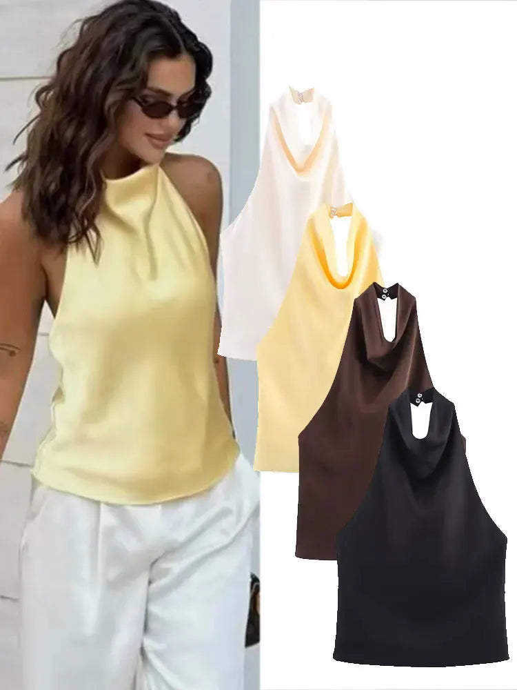 Sleek Solid Color Back Button Halter Neck Top for Women