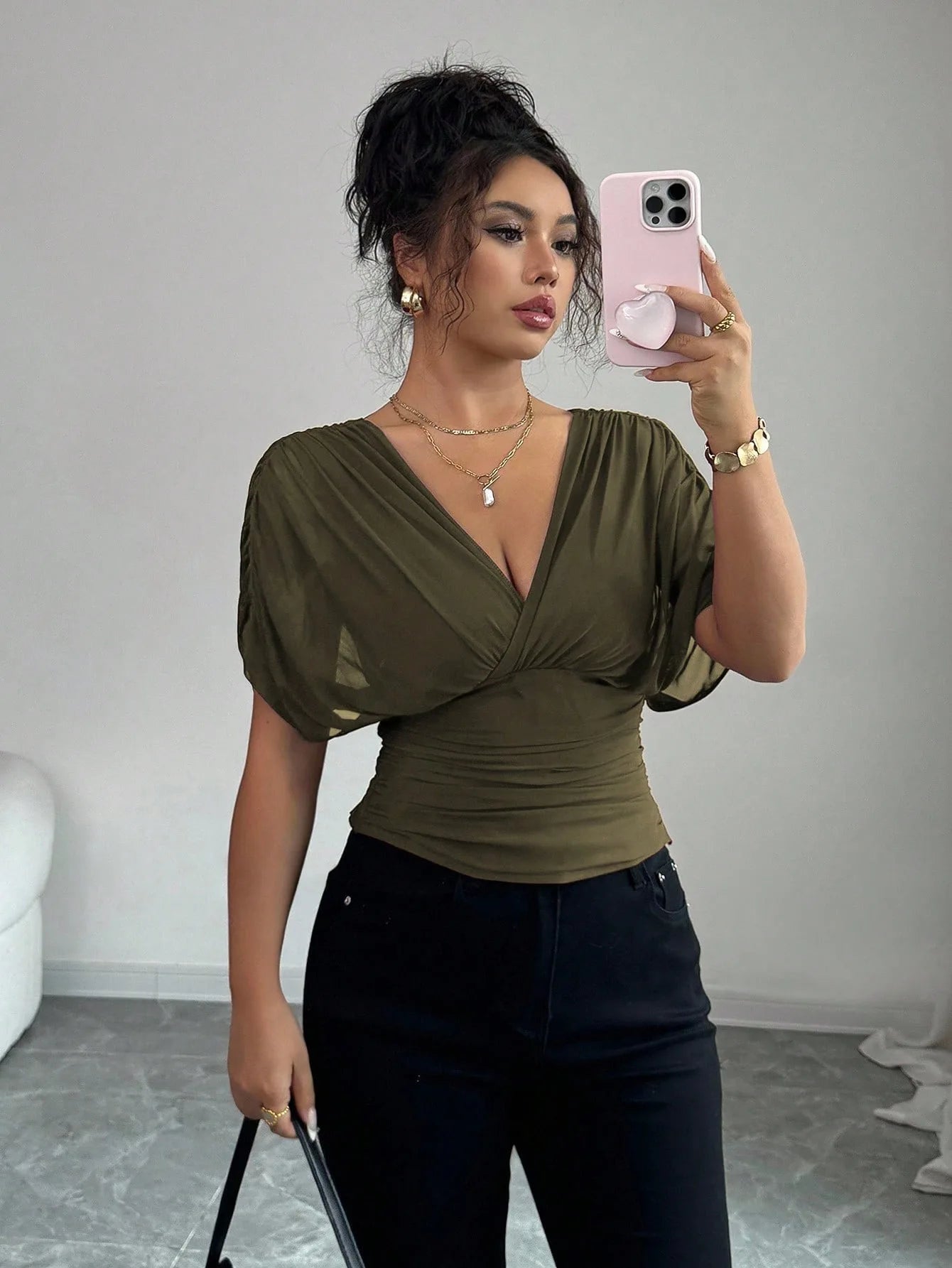 Elegant Deep V Neck Flutter Sleeve Waist Cinching Top for Women