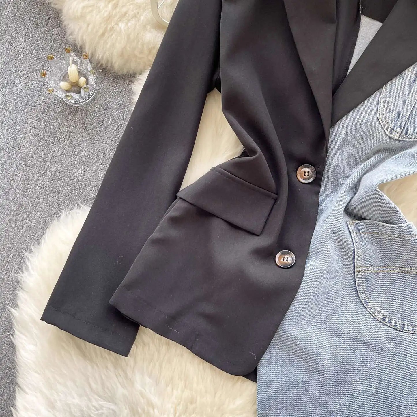 ANJY Autumn New Women Vintage Streetwear Ins Stylish Denim Patchwork Single Breasted Coat Casual Elegant Asymmetric Blazer A8421