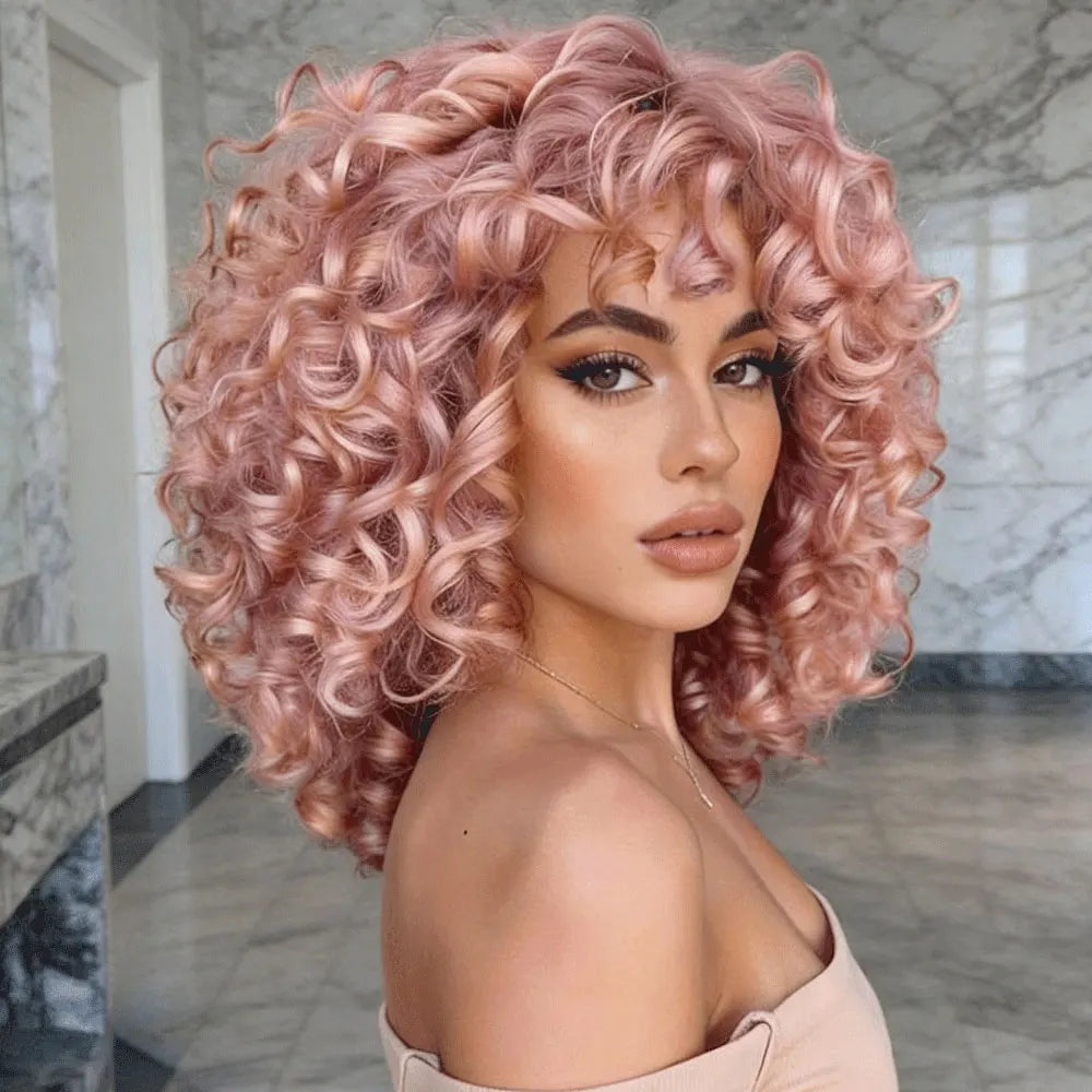 Soft Pink Short Afro Curly Bangs Synthetic Wig for Women