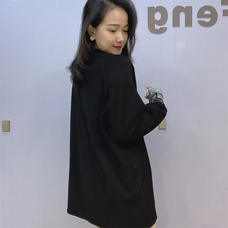 Loose Inner Wear Black T-shirt Women Spring Autumn Rhinestone Long-Sleeved Shirt Thickened Brushed Cotton Bottoming Top Female