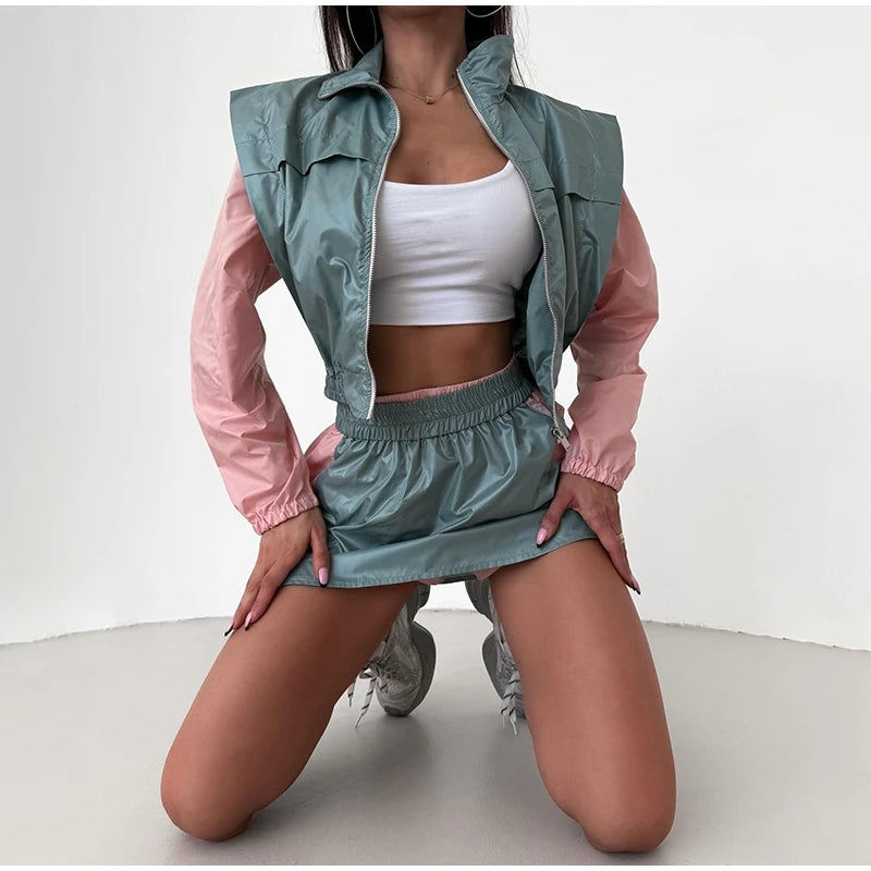 Casual Color Block Long Sleeve Jacket And Mini Skirt Set For Women