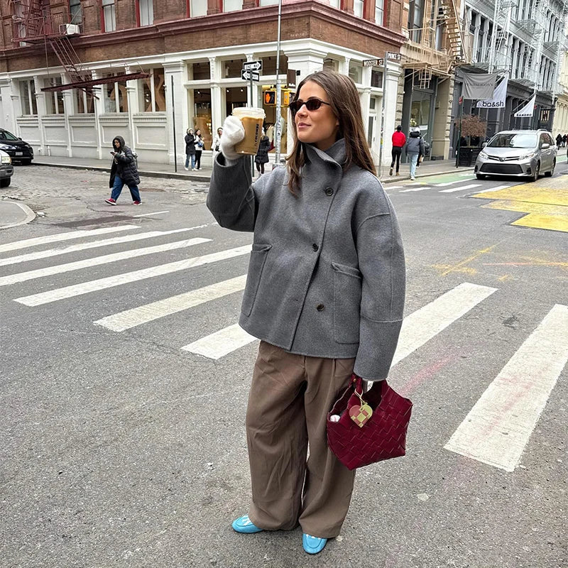 Solid Double Breasted Stand Collar Long Sleeve Overcoat for Women