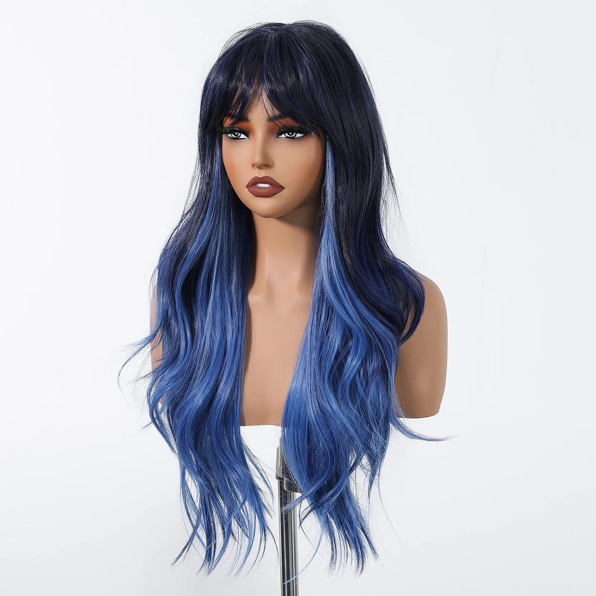 Blue Highlight Long Wavy Synthetic Wig With Bangs for Women