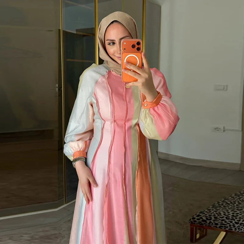 Elegant Chic Color Stripe Balloon Sleeve Dress for Women