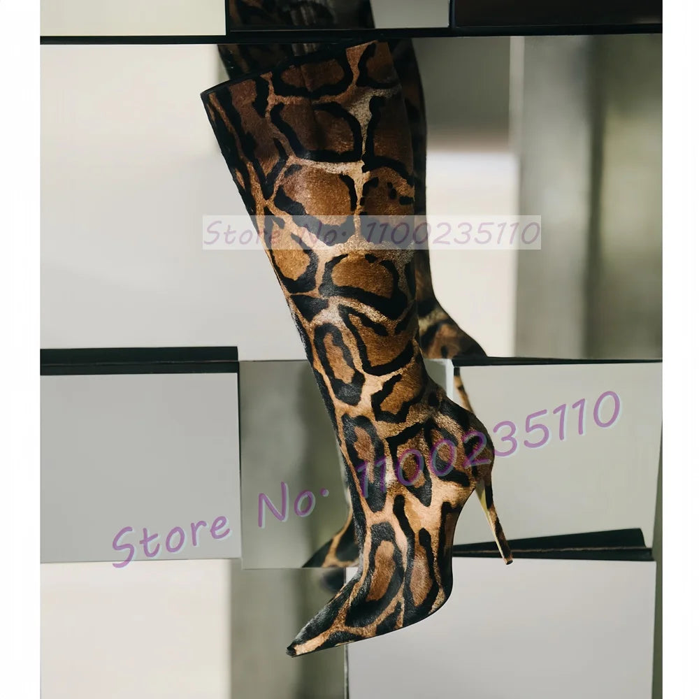 Leopard Print Pointy Toe Knee High Boots for Women
