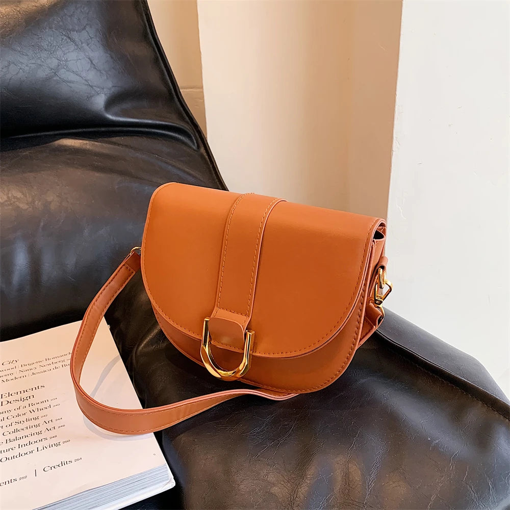 Solid Color Leather With Golden Hardware Saddle Shoulder Bag for Women