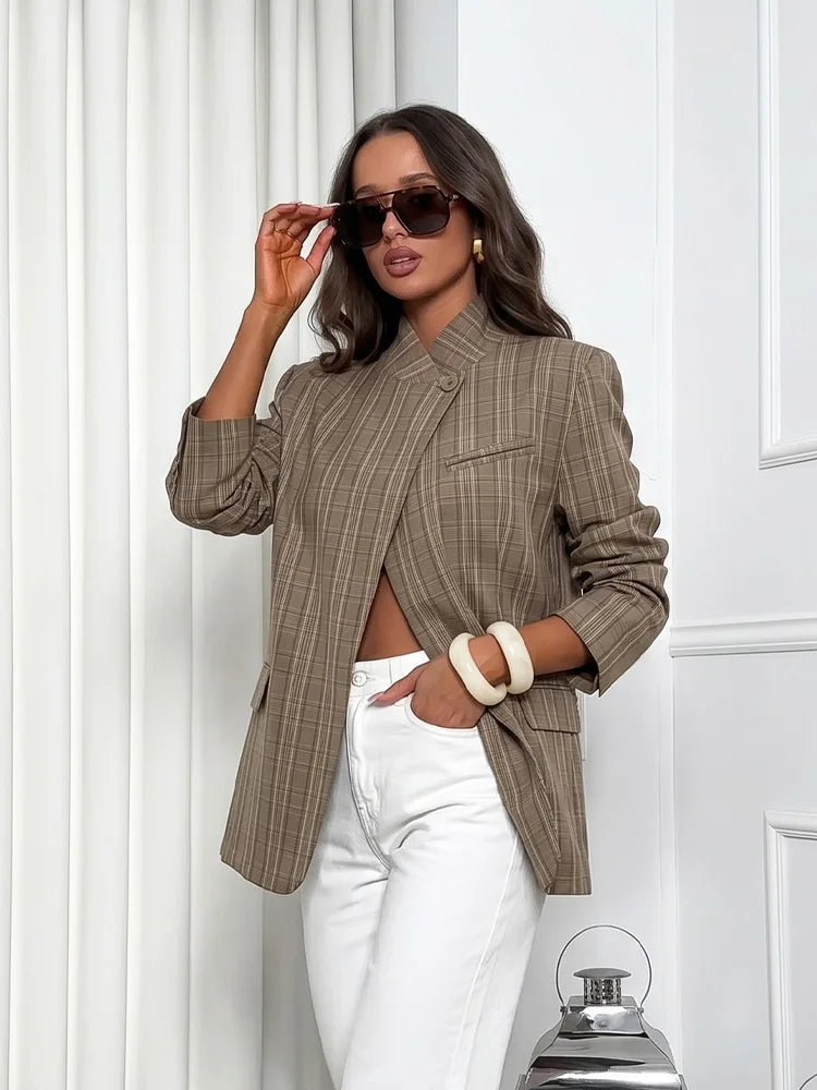 Plaid Stand Collar Long Sleeve Single Button Blazer Coat for Women