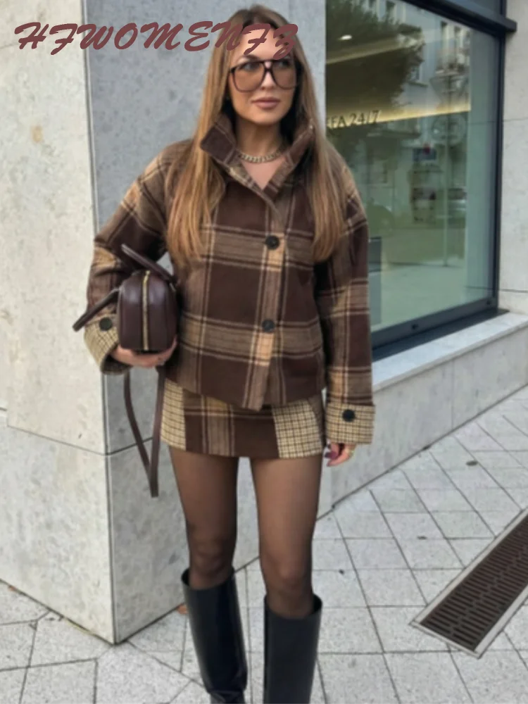 Elegant Chic Loose Fit Grid Coat and Skirt Set for Women