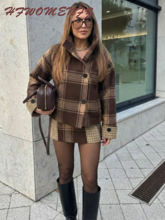 Plaid Loose Fit Coat And Skirt Set
