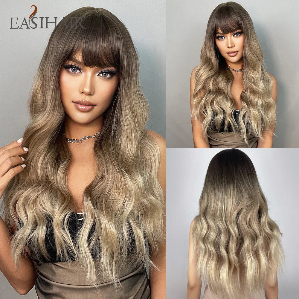 Long Wavy Black Synthetic Wig With Blonde Bangs for Women