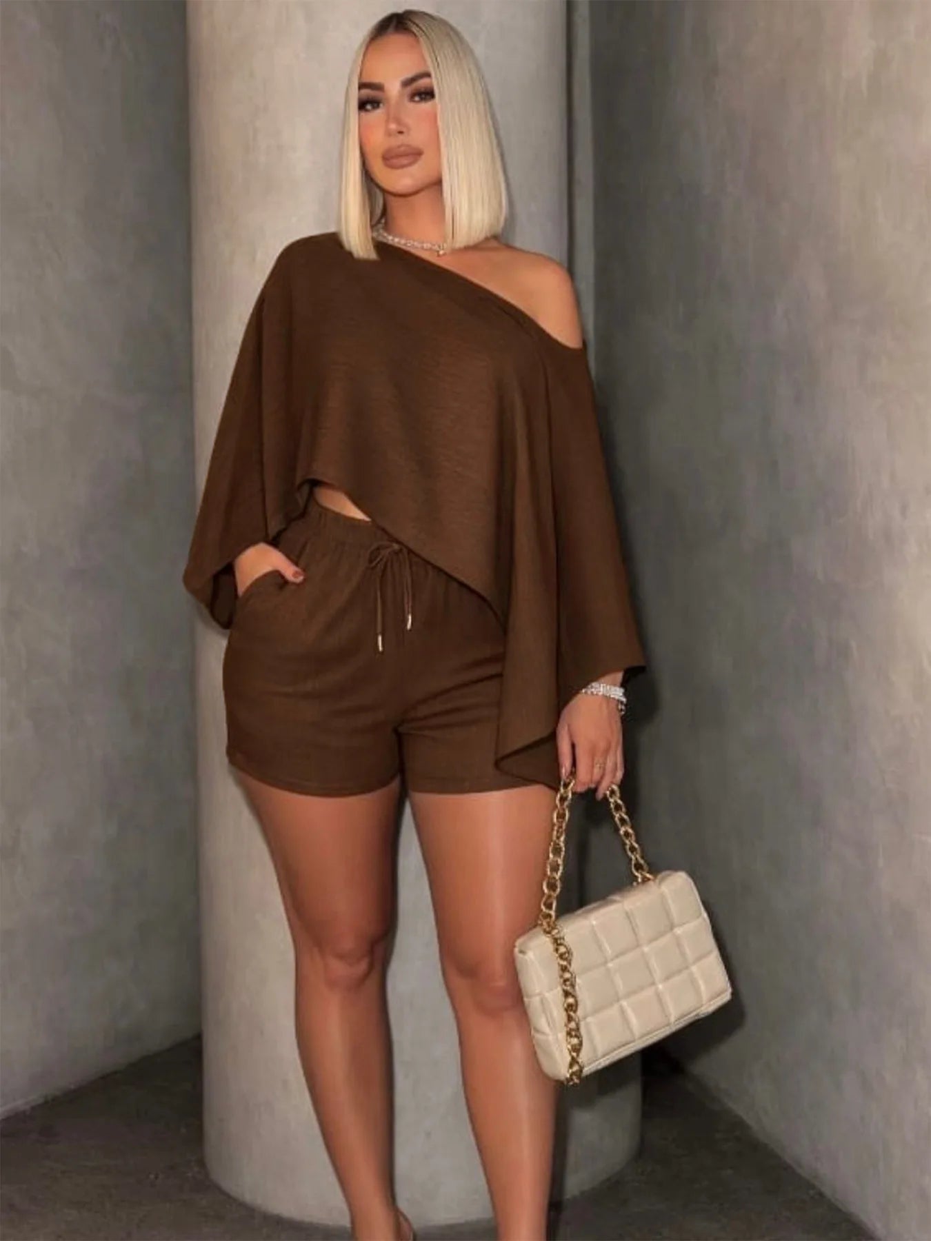Off Shoulder Bat Sleeve Top Two Piece Set for Women