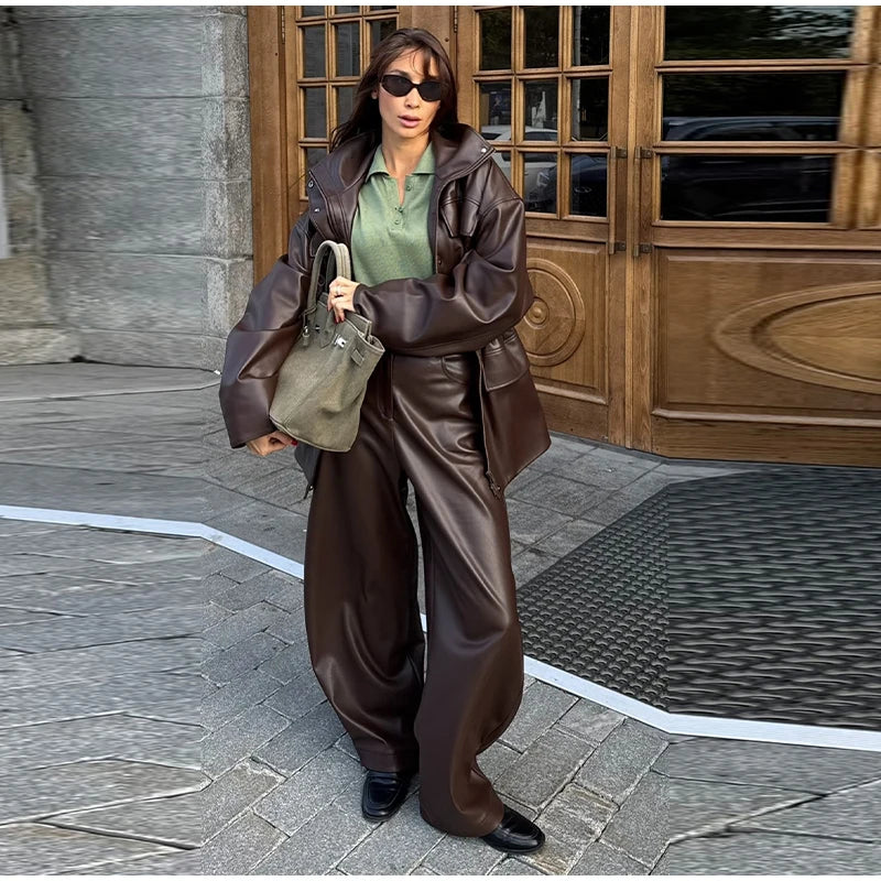 Vintage Cinched Waist Zipper Faux Leather Jacket for Women