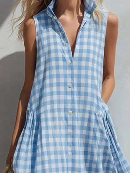 Loose Plaid Sleeveless Single Breasted Maxi Dress for Women