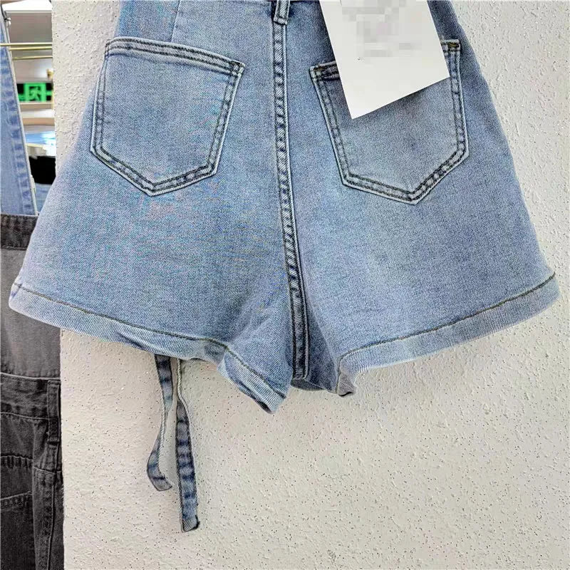 Irregular multi-pocket tooling A-word shorts women's loose wide-leg pants 2024 summer strap-on denim skirt pants
