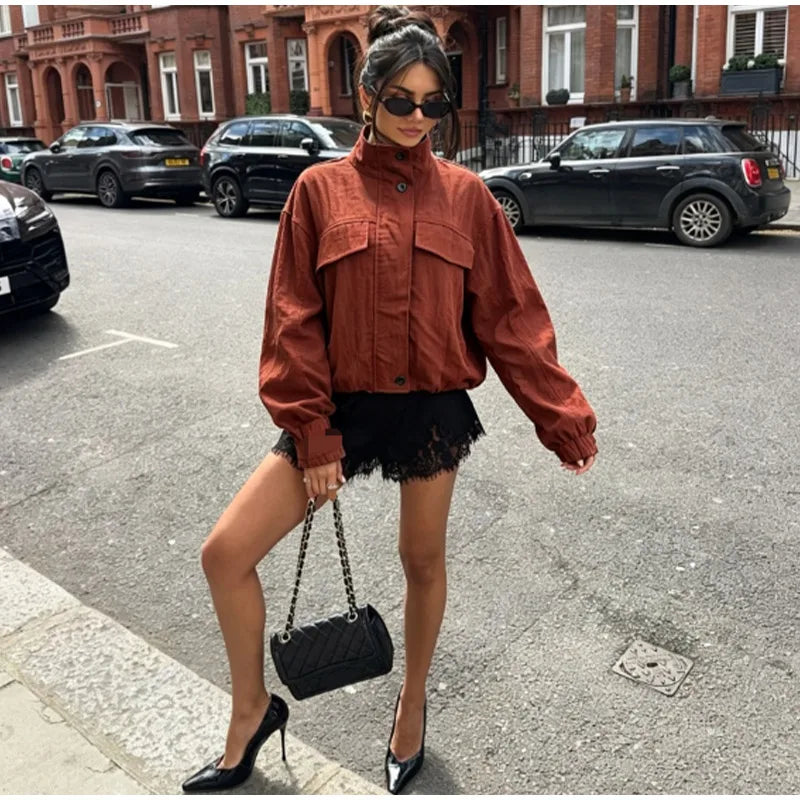 Casual Solid Loose Jacket Stand Collar With Big Pockets for Women