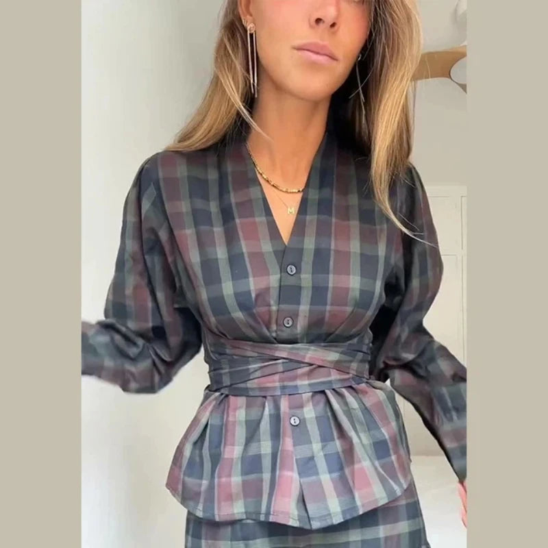 Vintage Plaid Women's Skirt Set V-neck Puff Sleeve Waist Belt Cinched Floor-length Skirt Suit Woman 2026 Spring Evening Outfits