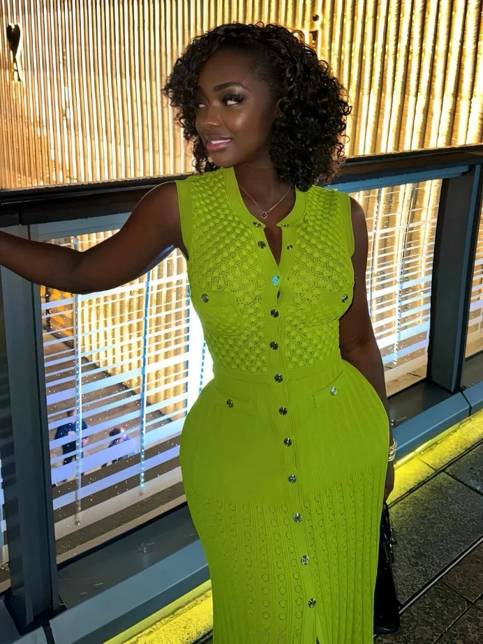 Sleeveless Knitted Bodycon Mid Calf Dress for Women