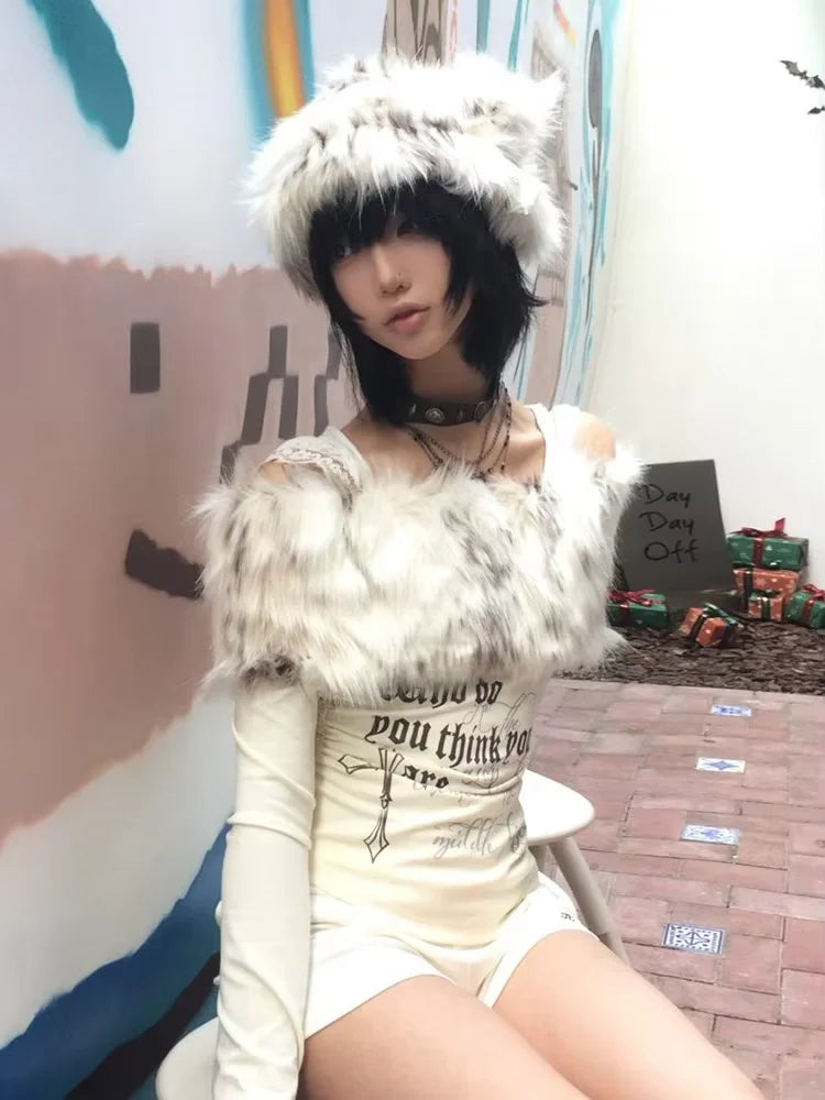 Karrram Japanese Y2k Fur Collar Tops 2000s Aesthetics Off Shoulder Knit Tops Vintage Harajuku Letter Print Long Sleeve T-shirt