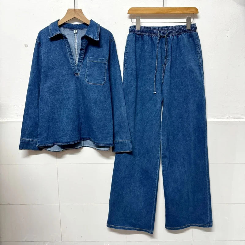 Vintage Long Sleeve Denim Shirt And Jeans Set for Women