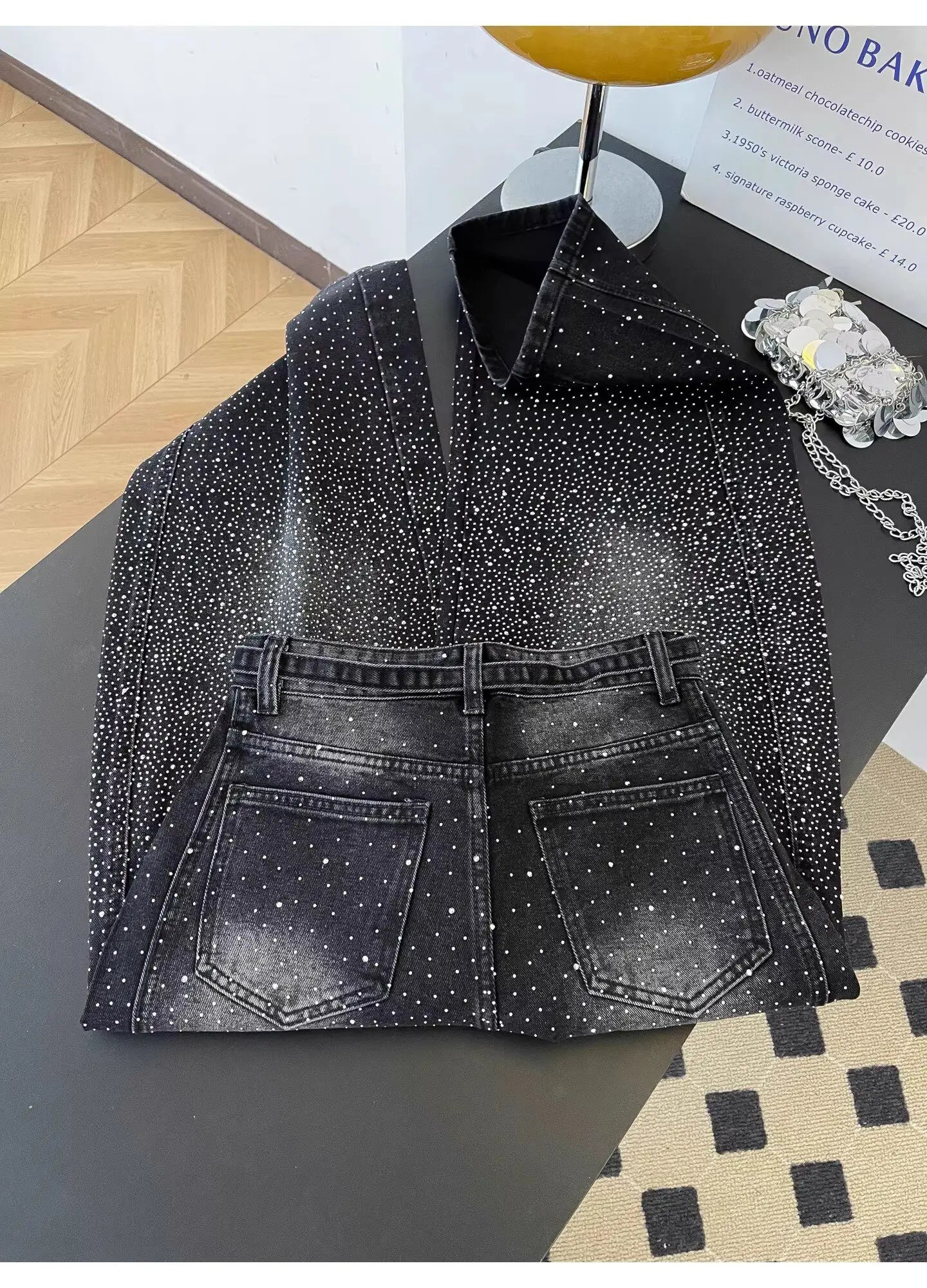 Glittering Rhinestone Wide Leg Denim Pants for Women