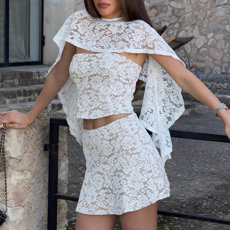 Elegant Lace Embroidery Shawl Strapless Top and Mini Skirt Set for Women