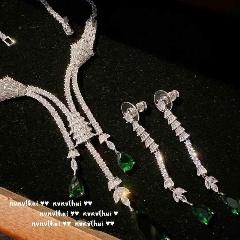 Crystal Zircon Tassel Necklace and Earrings Set for Women