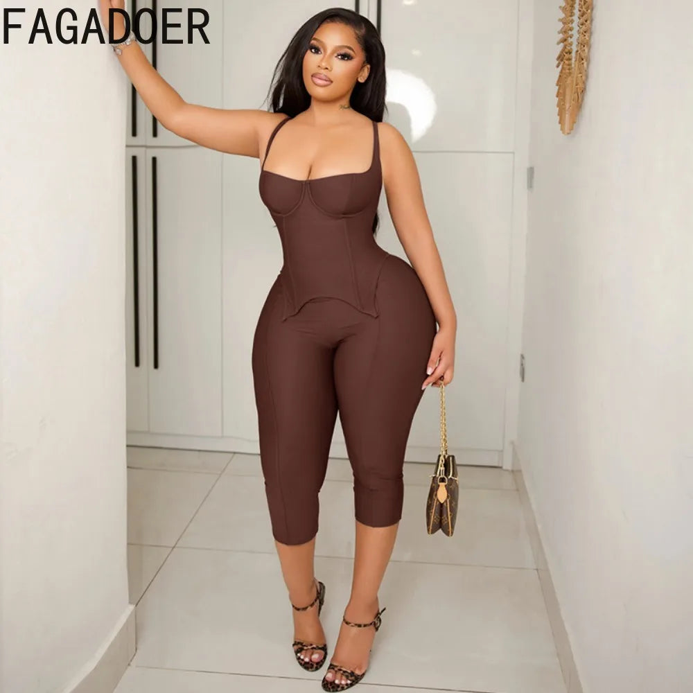 Brown Off Shoulder Corset Crop Top and Capri Pants Two Piece Set for Women