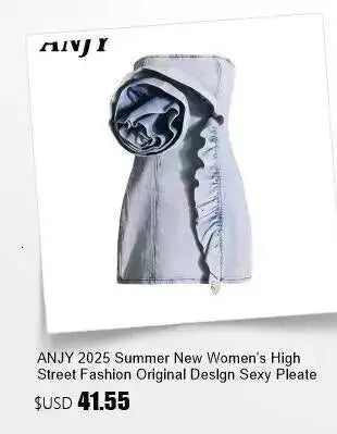 ANJY Summer New Women's Tide High Street Y2K Chic Trendy Sleeveless Halter Neck Backless Waist Cinching Zipper Denim Dress A8053