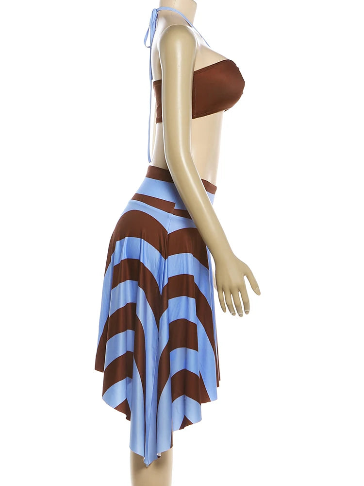Nibber Holiday 3 Piece Set Woman Halter Rope+Wrap Chest Tops+Stripe Patchwork Mid Skirts Beach Sexy Style Summer Fashion Outfits