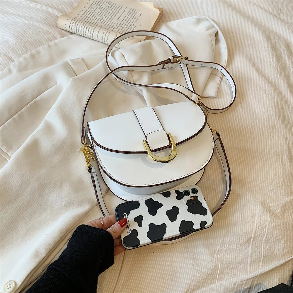 Solid Color Leather With Golden Hardware Saddle Shoulder Bag for Women