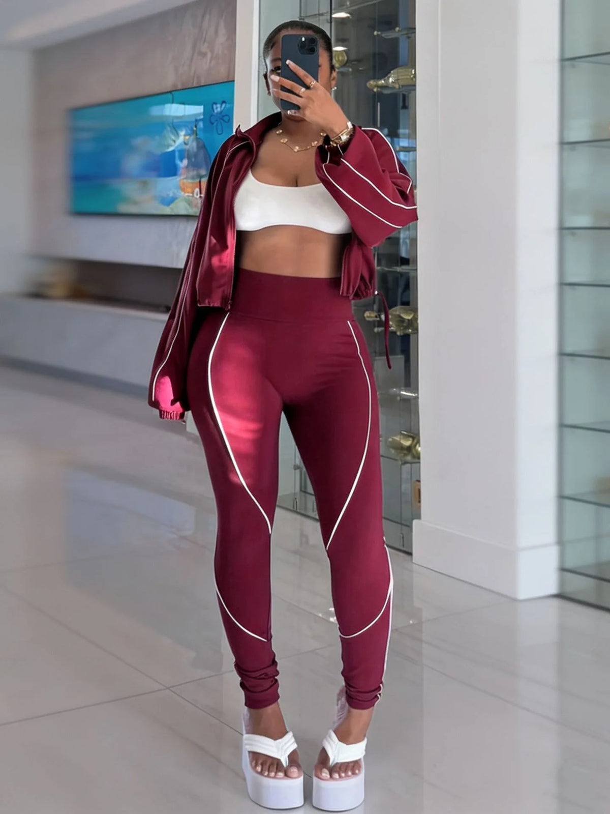 Slim Fit Long Sleeve Top and Pants Set for Women