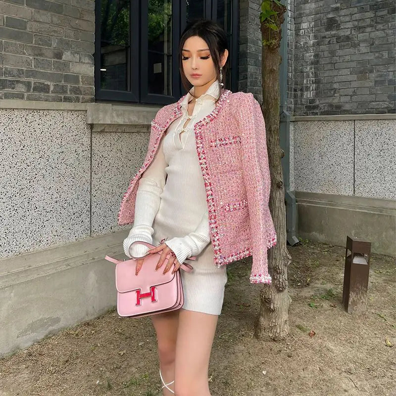 Elegant Pink Long Sleeve Jacket With Pockets for Women