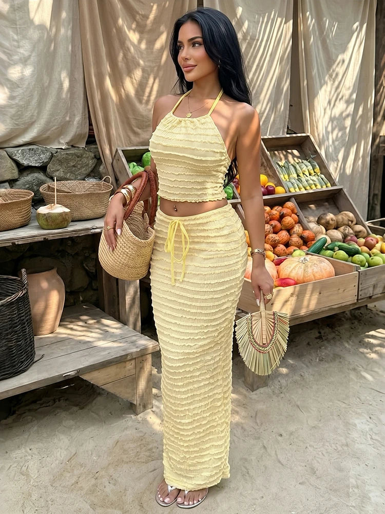 Ruffled Edge Halter Backless Two-Piece Set for Women