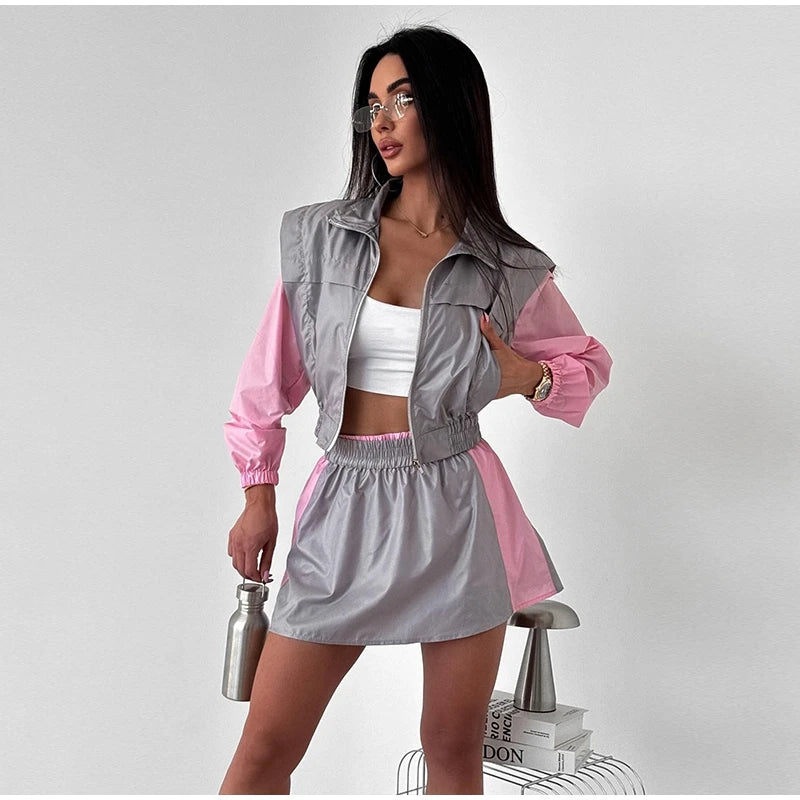 Casual Color Block Long Sleeve Jacket And Mini Skirt Set For Women