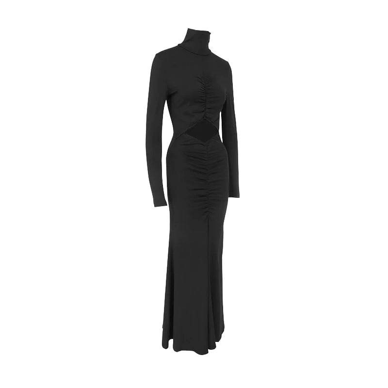 Women Dresses Autumn New Streetwear Fashion Long Sleeves Turtleneck Dress Black Sexy Hollow Out Lady Casual Slim Dress Clothing