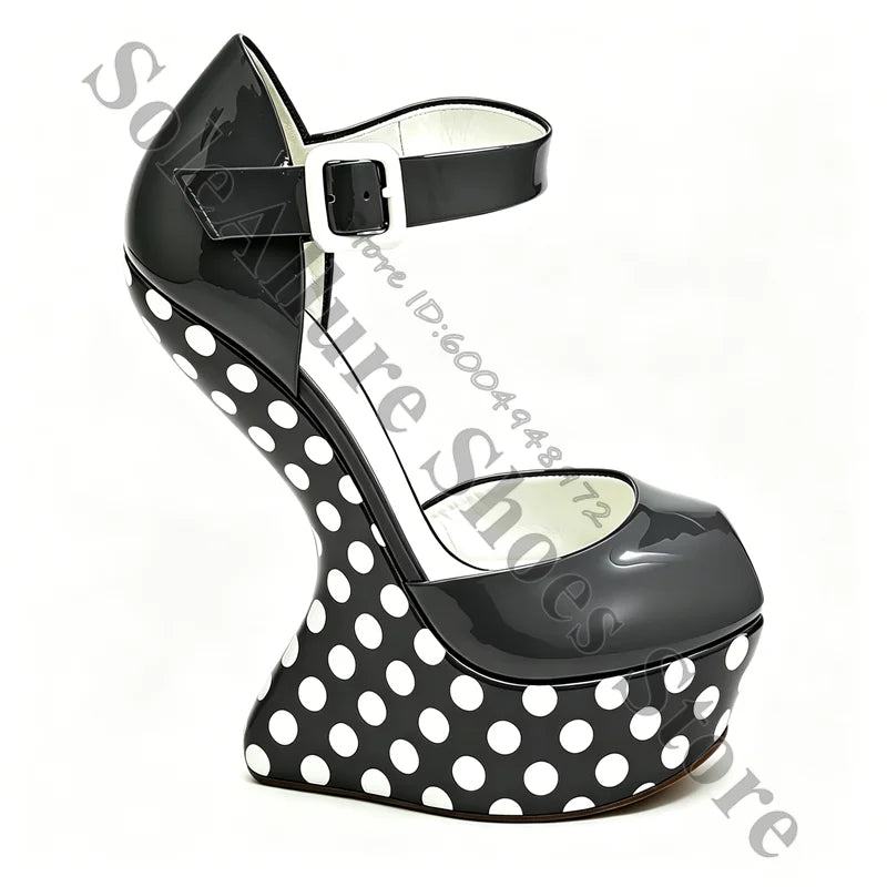 Glossy Polka Dot Buckle Strap Wedge Platform Sandals For Women